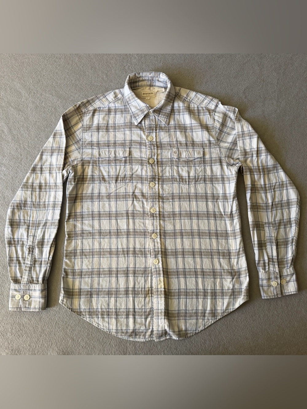Stetson Men’s Large Plaid Western Button Up Shirt 100% Cotton White Blue